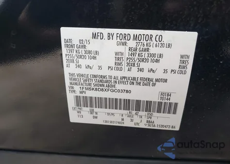 2015 Ford Explorer Xlt from USA, damaged, VIN 1FM5K8D8XFGC03780